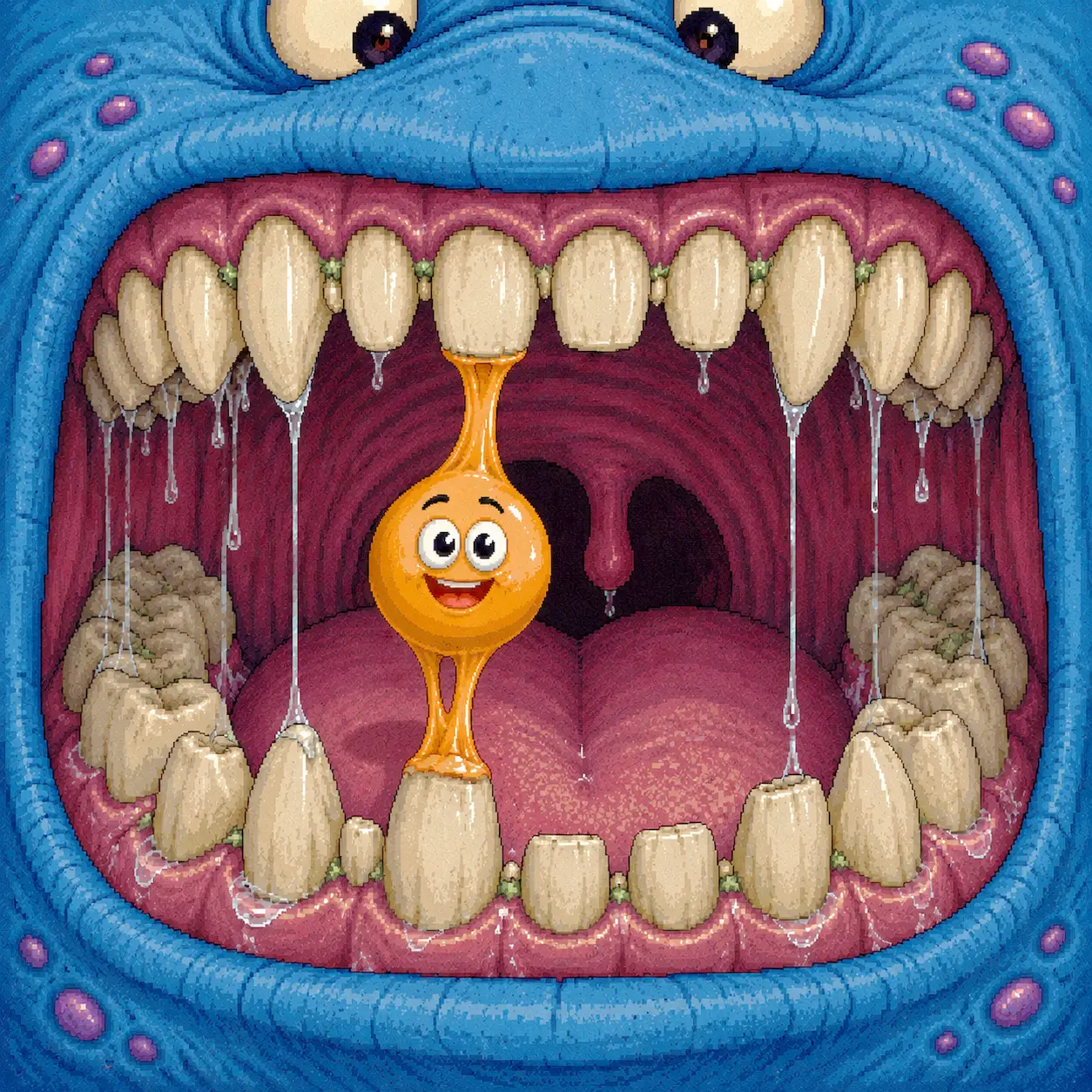 Jumpy Chewie key art — the orange gum blob clinging inside a monster's open mouth, ringed by teeth