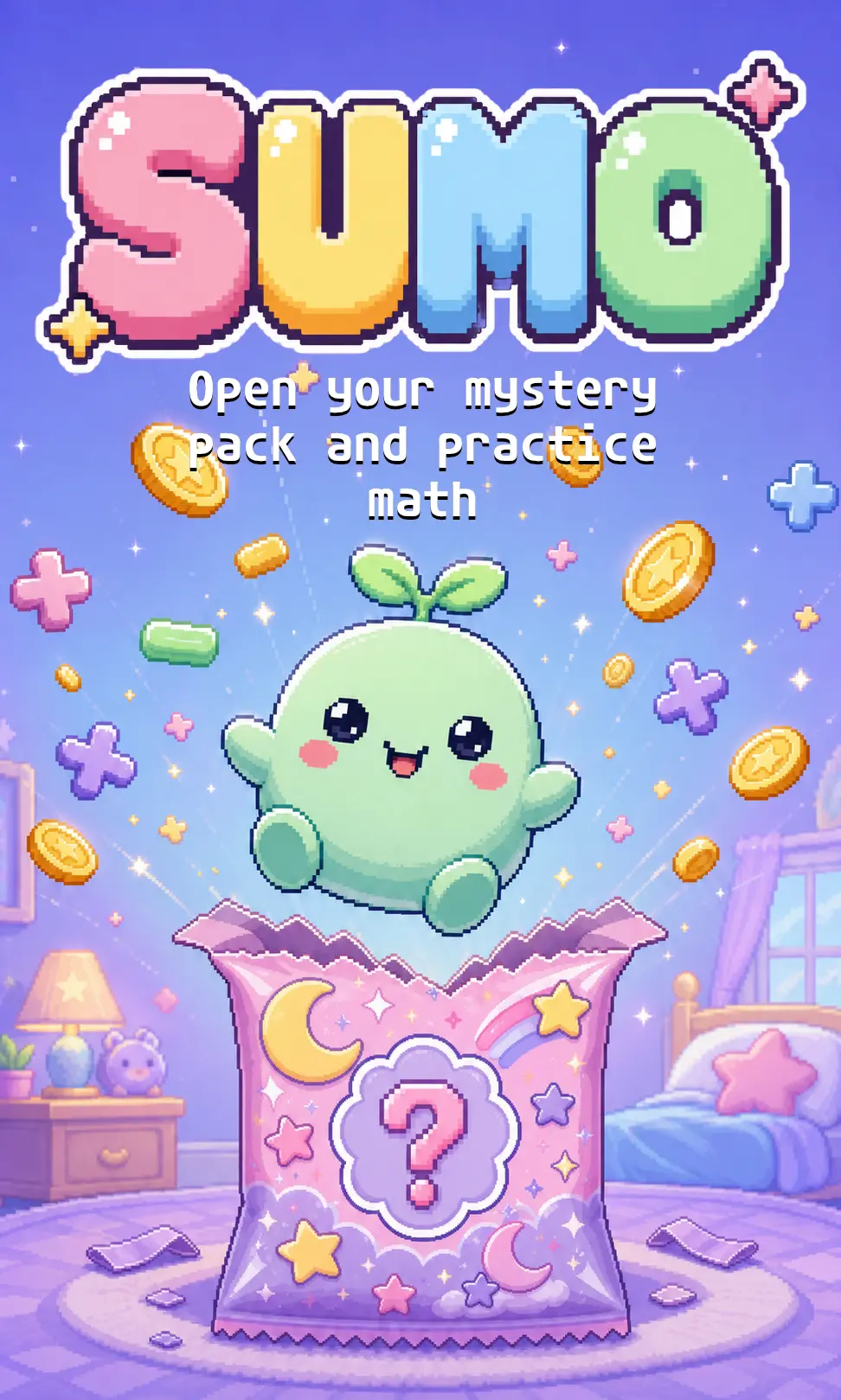Sumo key art — a mystery pack bursting open to reveal the pixel-art mascot