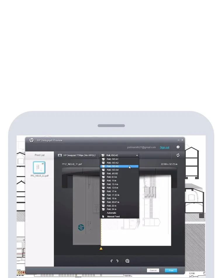 HP Designjet print-preview utility screen