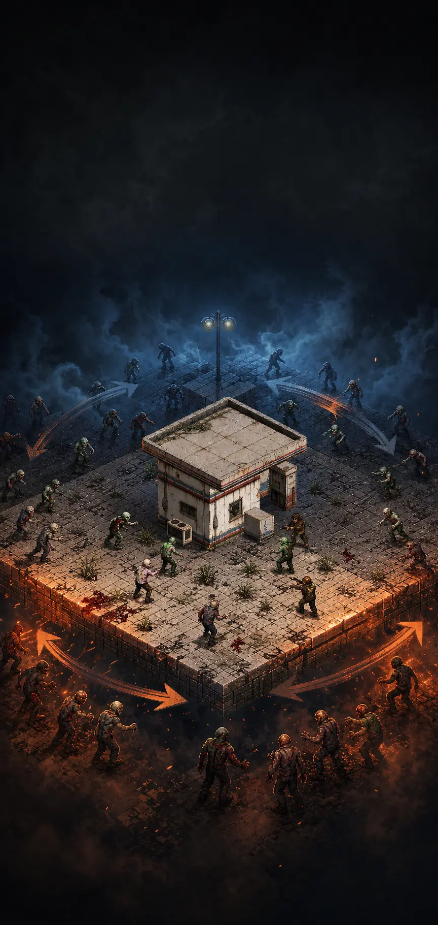 Turn Siege key art — an isometric gas station on a lit platform, surrounded on all four fronts by advancing zombies